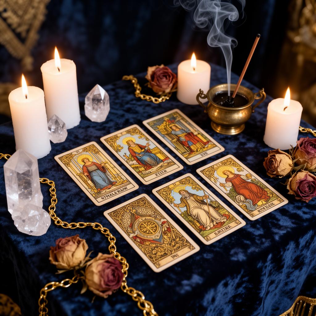Mesa de leitura com cartas, velas e cristais
