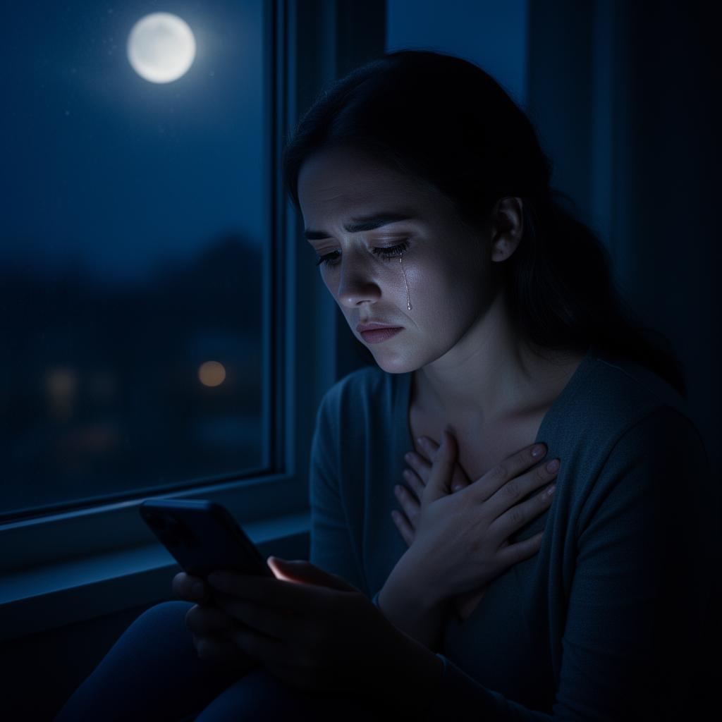 Mulher sozinha à noite olhando o celular com expressão triste