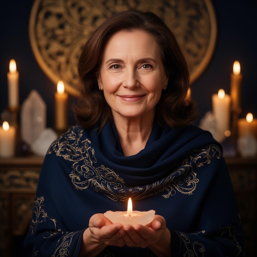 Retrato de Mãe Camilly com xale azul e dourado segurando vela